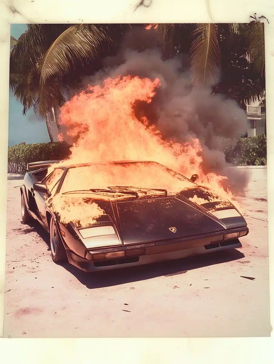 Polaroid Lamborghini in Flames Midjourney提示词