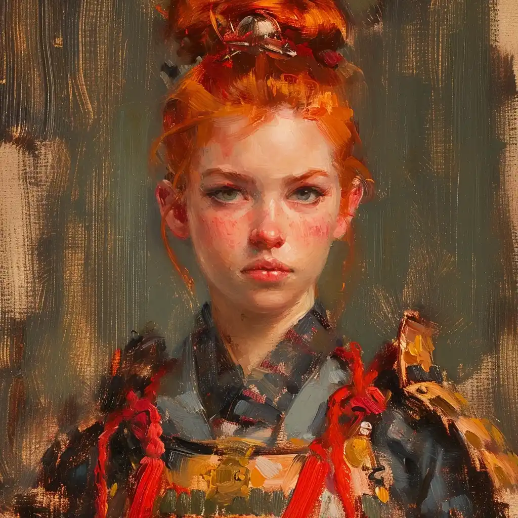 Red-Haired Samurai Tiny Oil Midjourney提示词
