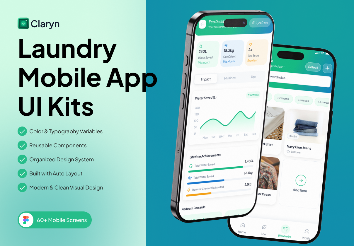 环保洗衣订阅App UI套件（Claryn），Claryn – Eco Laundry & Subscription Mobile UI Kit