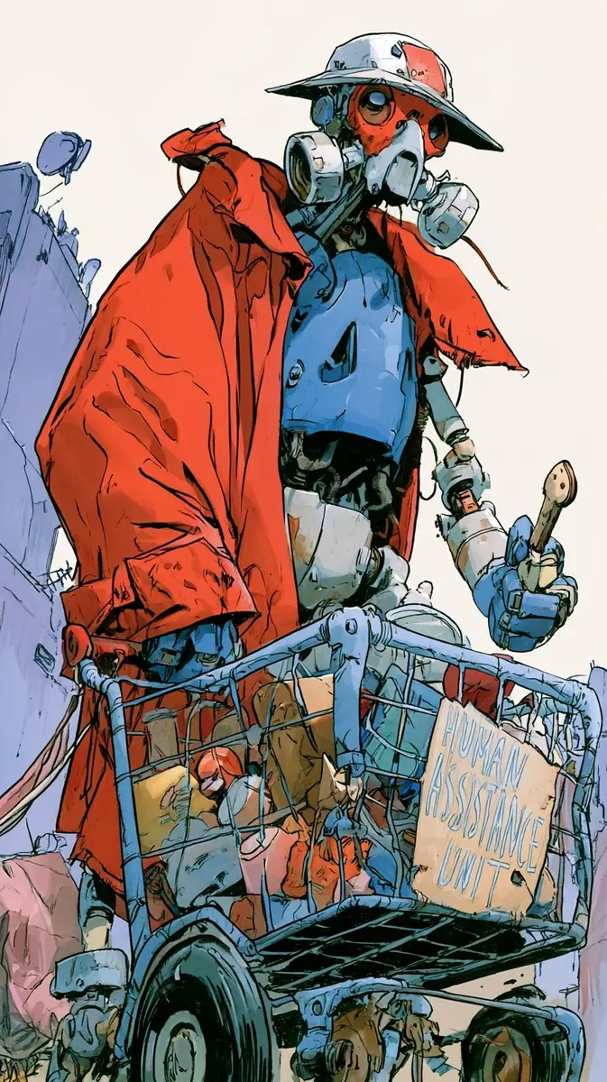 Post-Apocalyptic Scavenger Robot Midjourney提示词