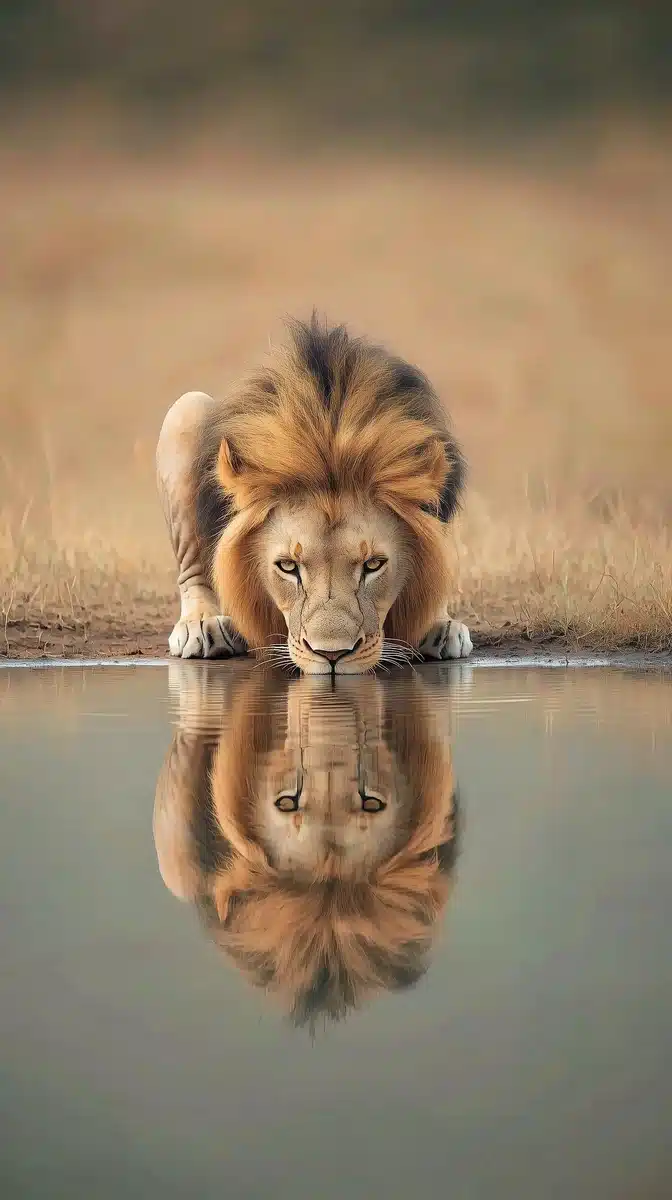 Lion Reflection in Savannah Midjourney提示词