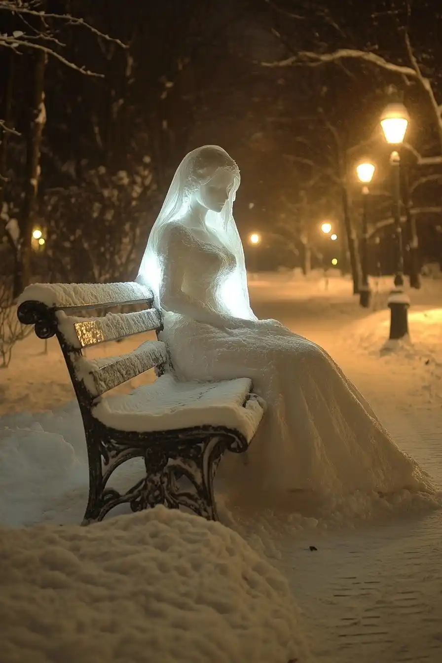 Snow Bride Sculpture Scene Midjourney提示词