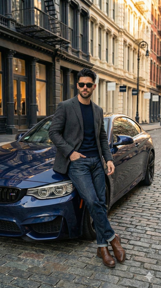 Stylish Man Urban Fashion: BMW M4 Cobblestone Street Nano Banana提示词
