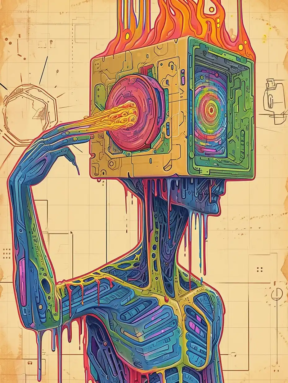 Psychedelic Prism Cube Techno-Surreal Humanoid Midjourney提示词