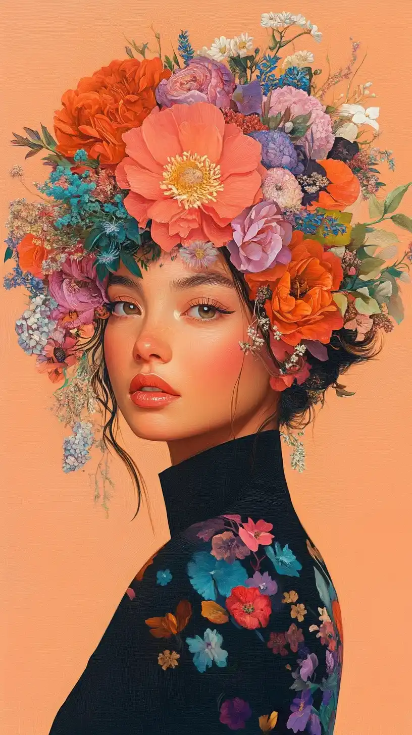 Vibrant Woman with Floral Headpiece Midjourney提示词