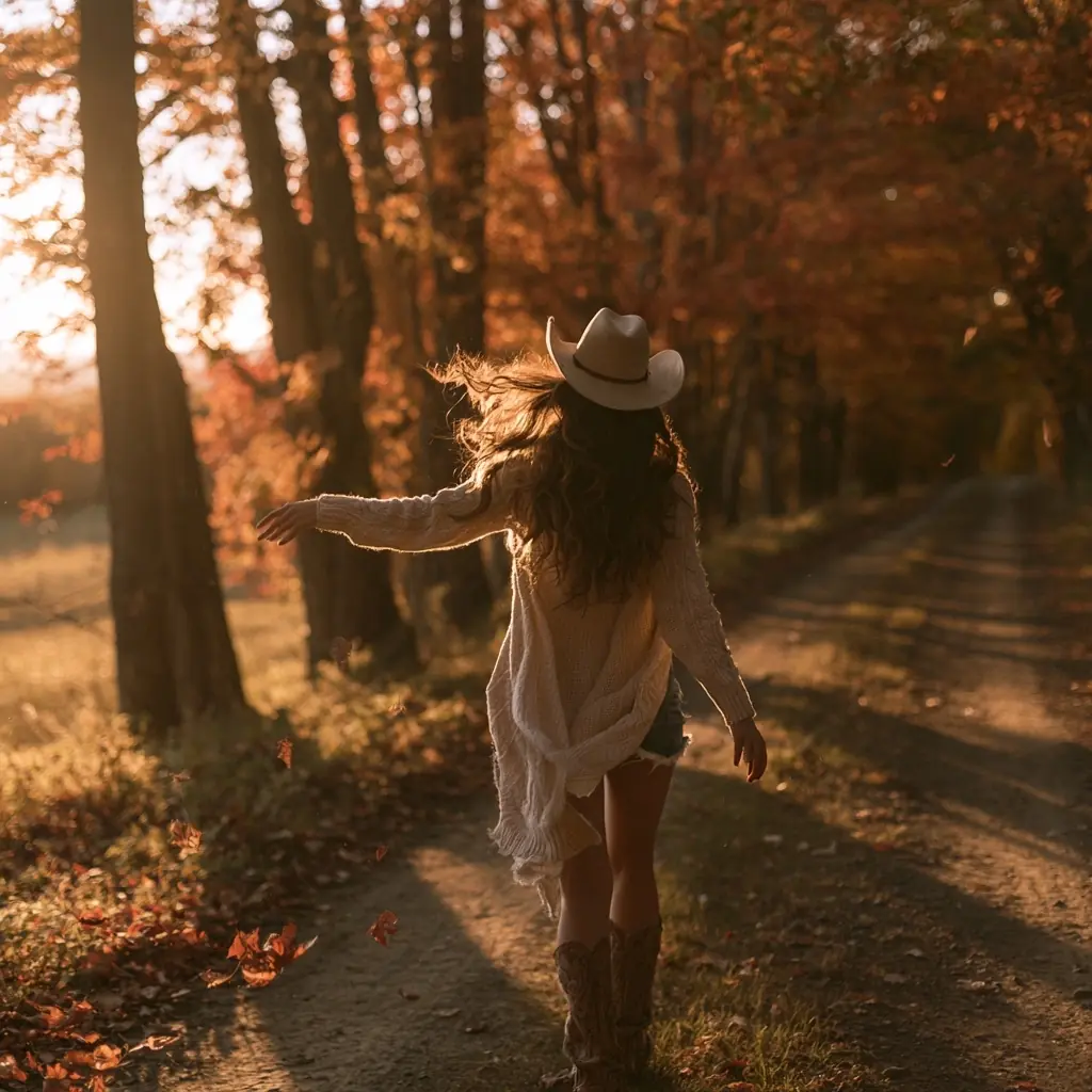 Country Woman Autumn Path Midjourney提示词