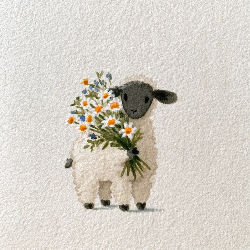 Watercolor Sheep With Bouquet Midjourney提示词