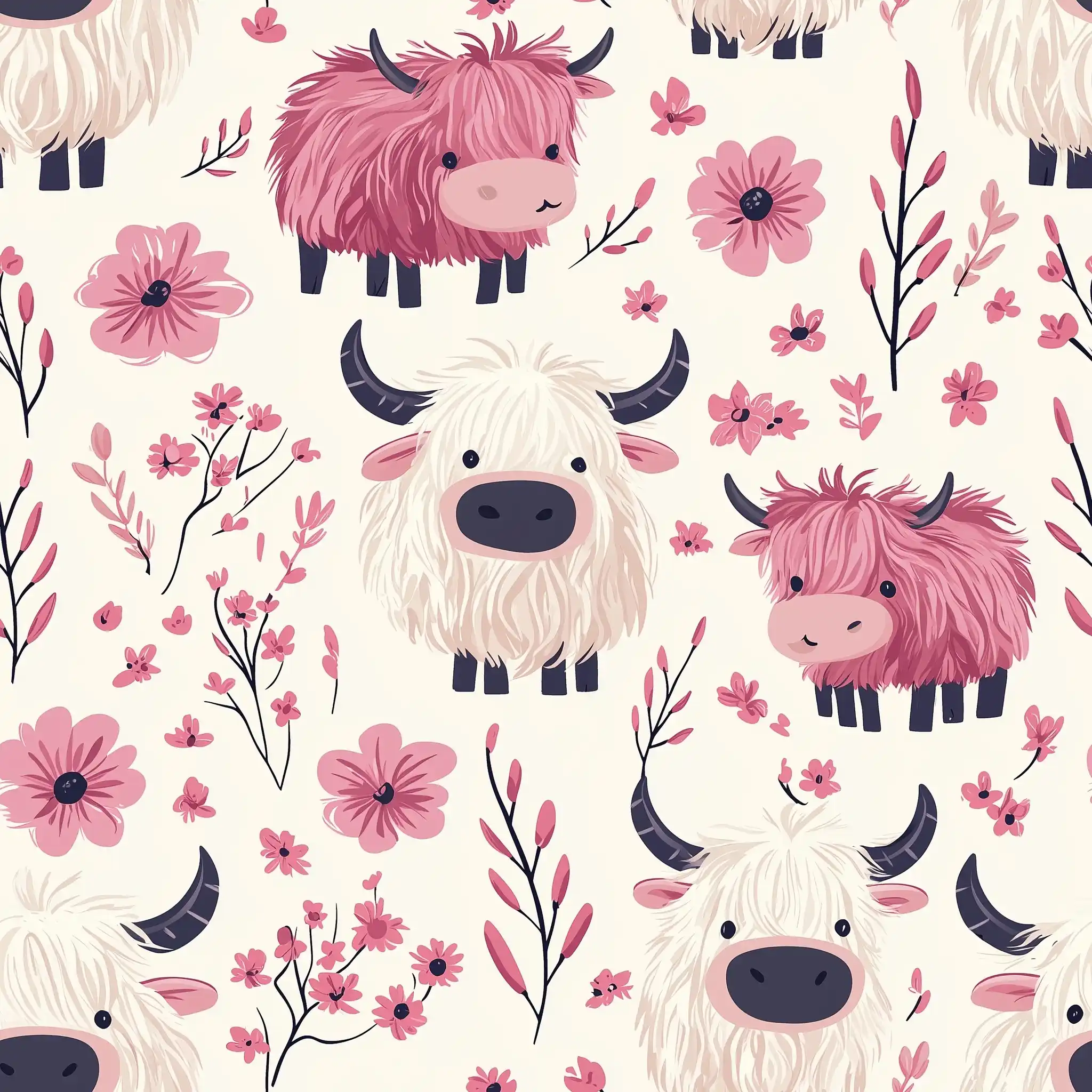 Cartoon Highland Cows with Flowers Midjourney提示词