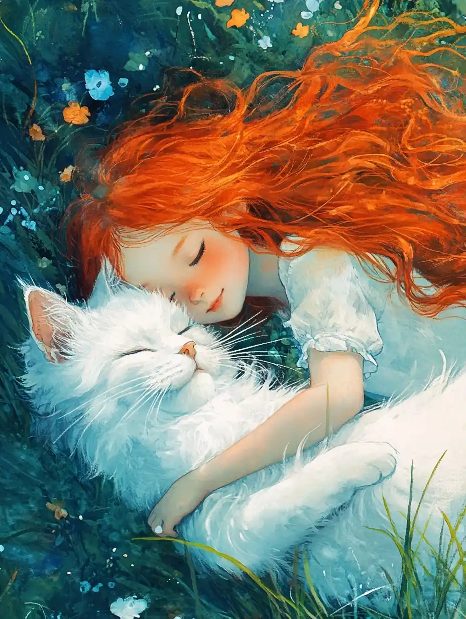 Watercolor Girl with Cat Midjourney 提示词生成效果