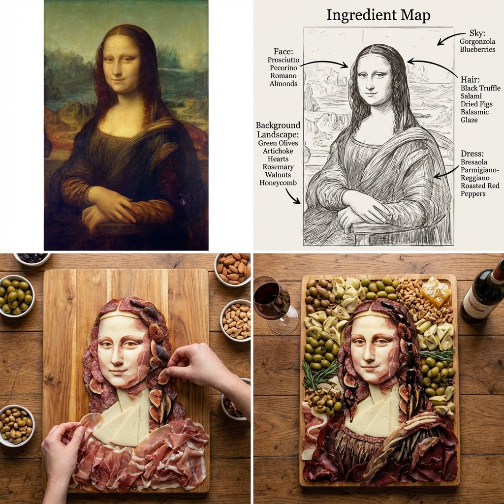 Mona Lisa Charcuterie Board Food Art - Creative Culinary Nano Banana提示词