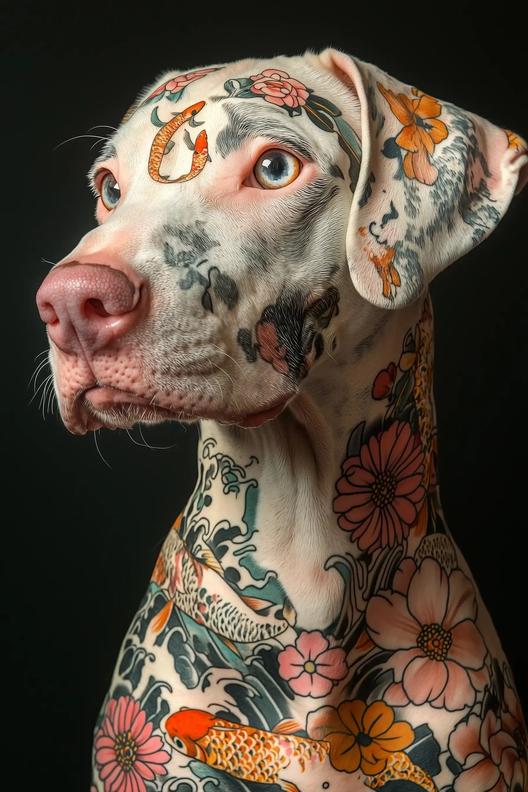 Albino Doberman with Tattoos Midjourney提示词