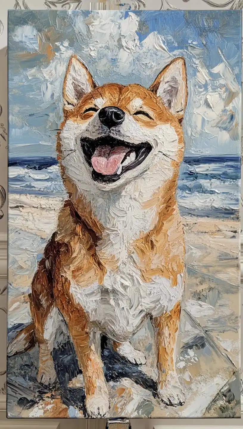 Shiba Inu Beach Oil Painting Midjourney 提示词生成效果