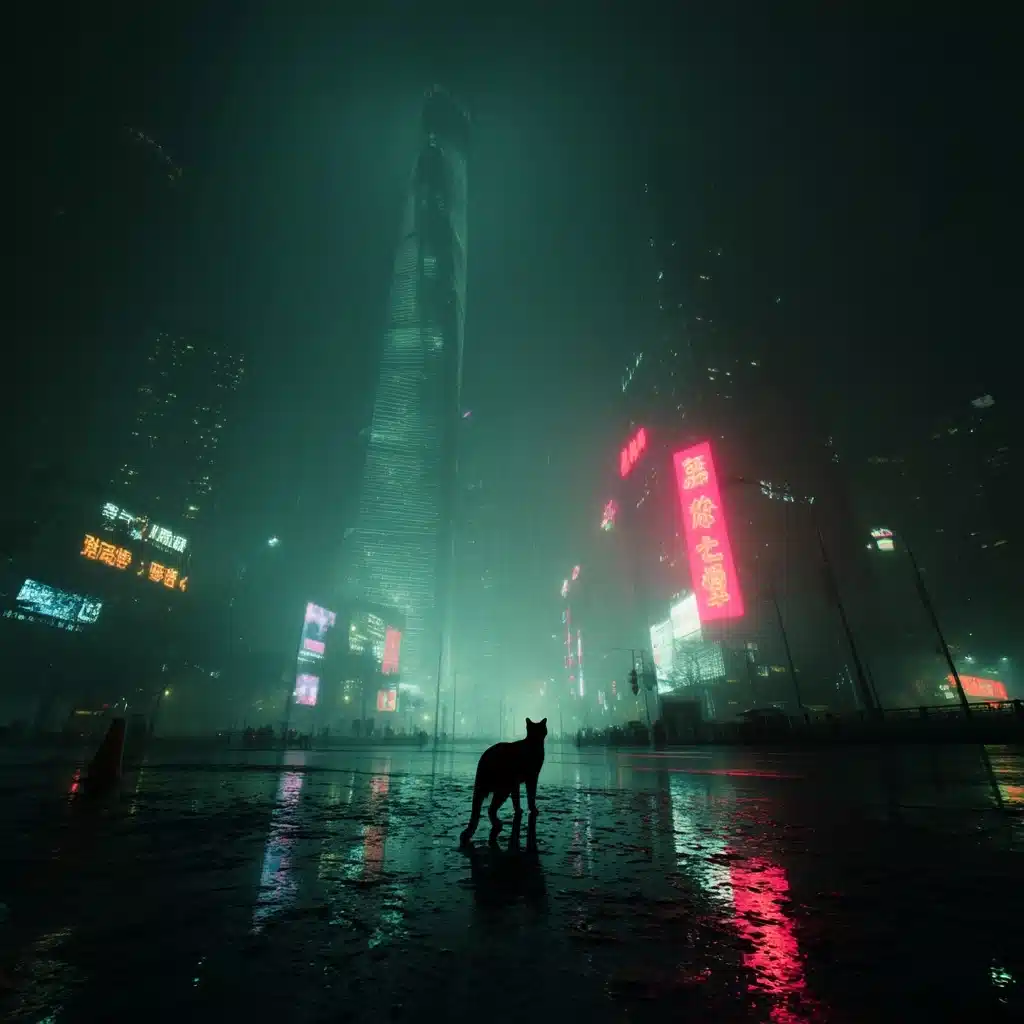 Cinematic Cat in Cyberpunk Shanghai Midjourney提示词