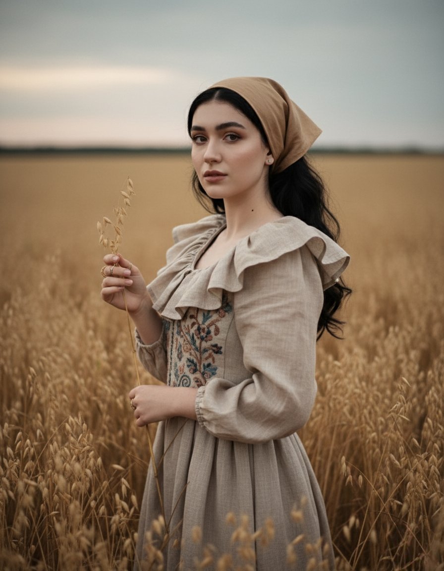 Serene Portrait of Woman in Wheat Field, Rustic Dress Nano Banana提示词