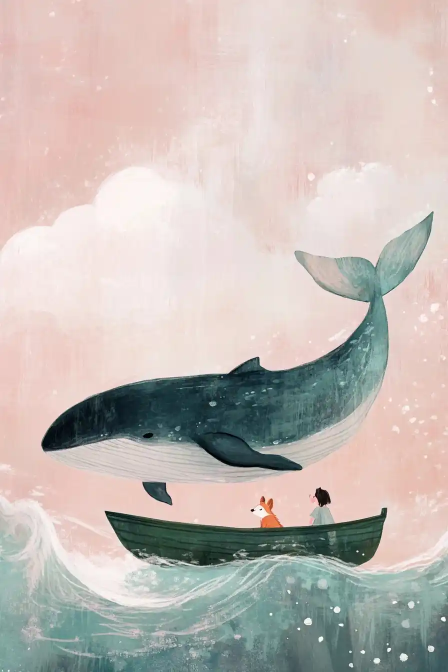 Whales and Boat Illustration Midjourney提示词