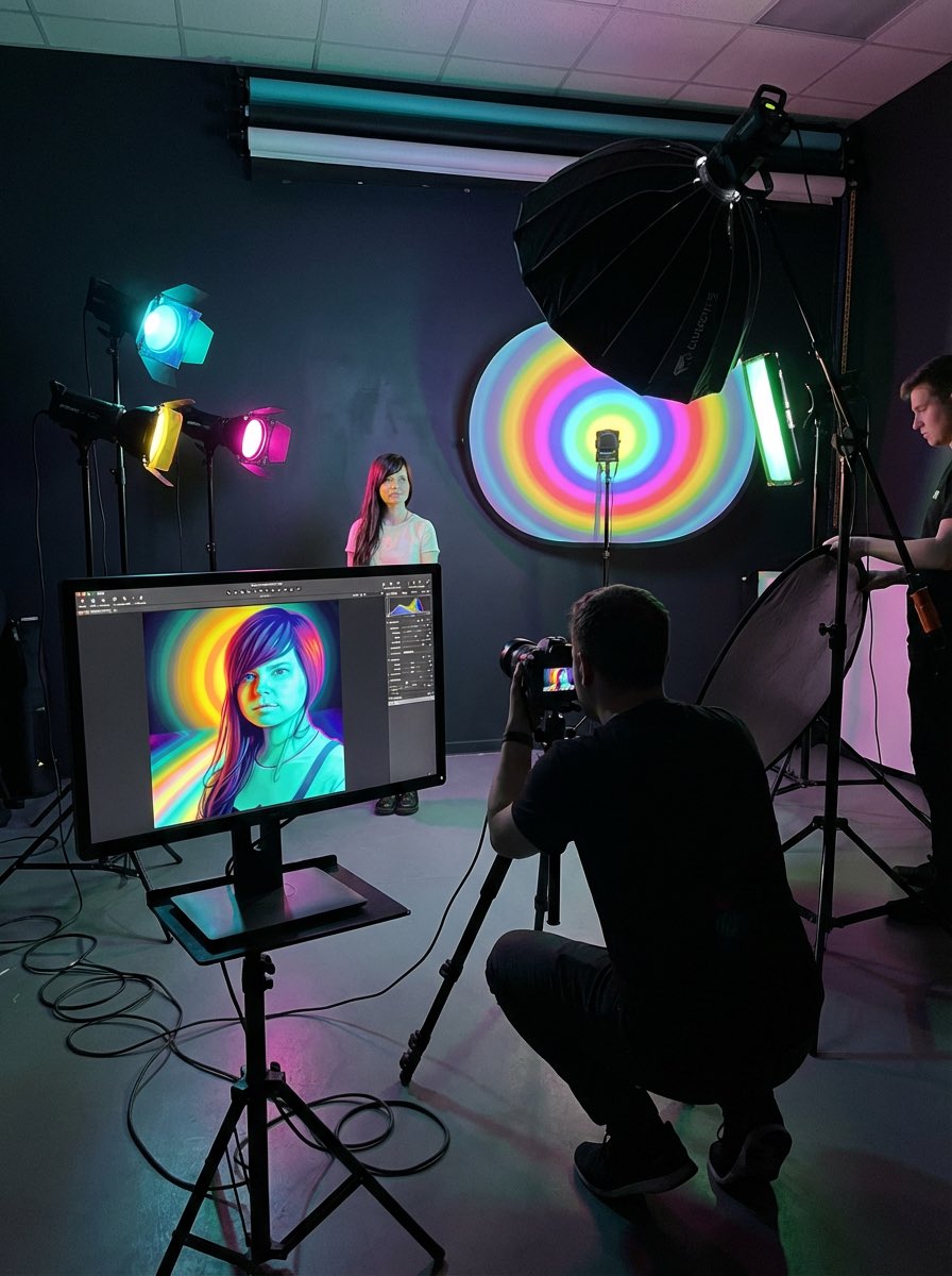 Vibrant Studio Portrait Photography with Neon Lights Nano Banana提示词
