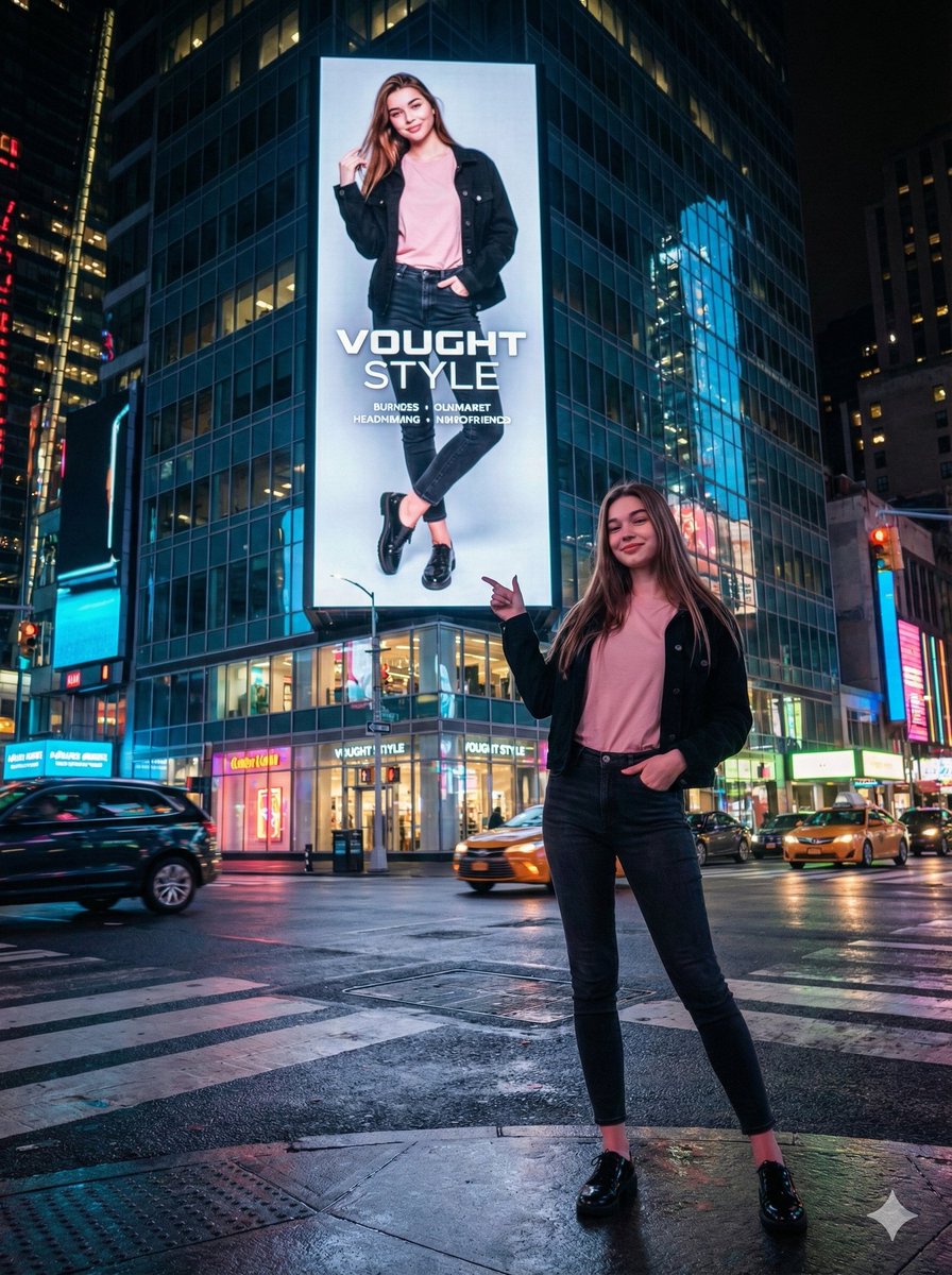 Fashion Model in Vibrant City Night - Vought Style Ad Nano Banana提示词