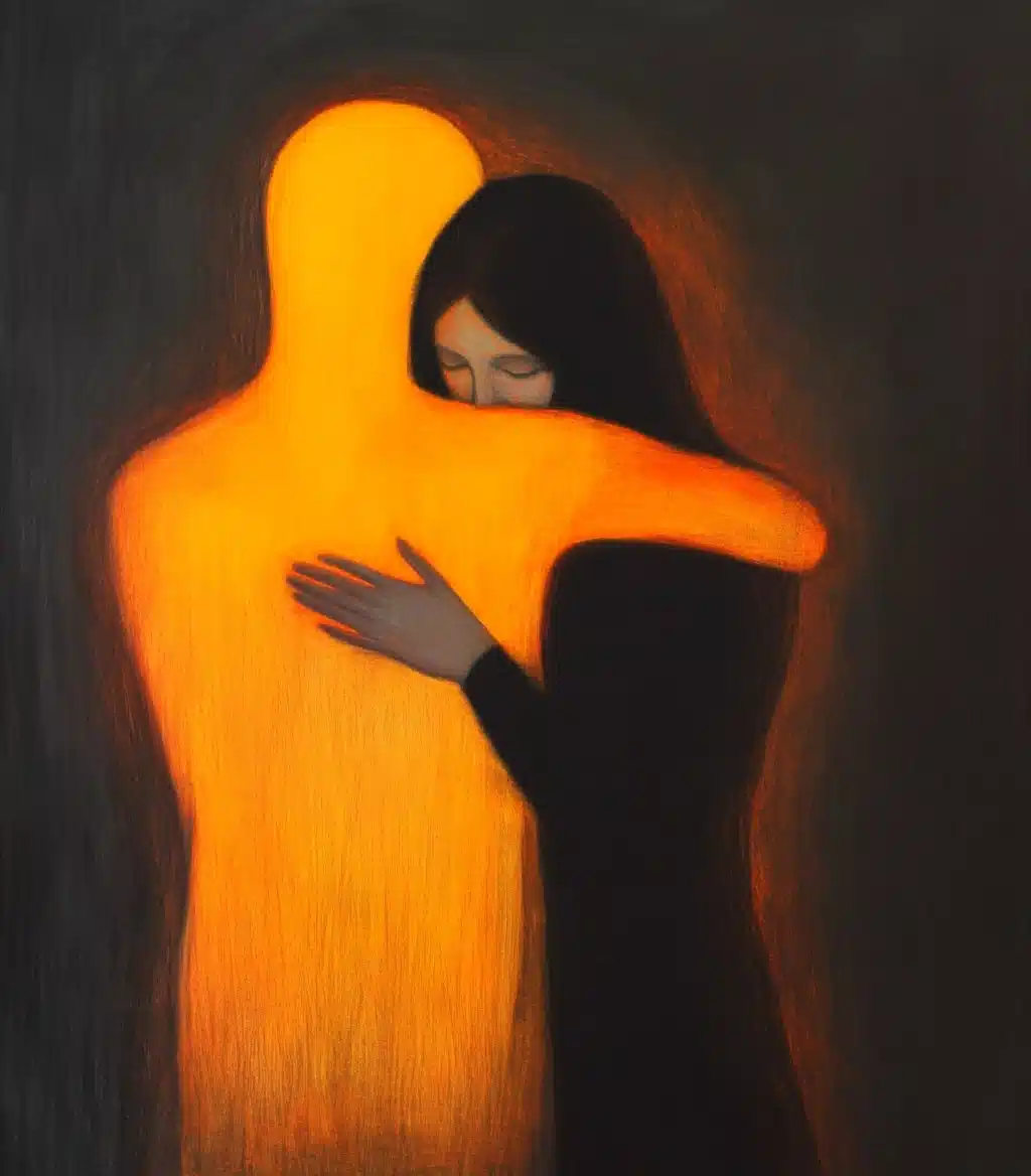 Minimalist Woman Embracing Orange Figure Midjourney提示词