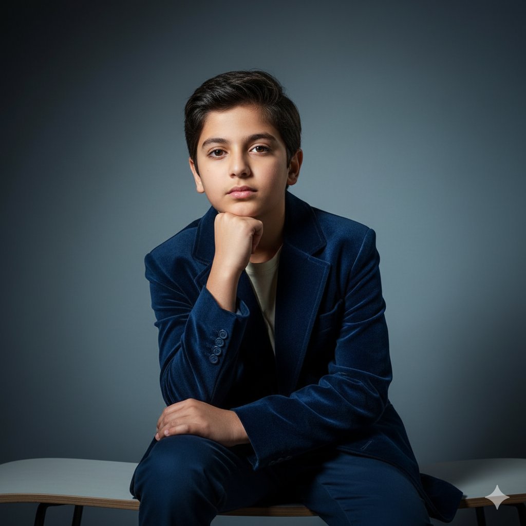Elegant Young Boy Portrait in Blue Velvet Suit, Studio Shot Nano Banana提示词