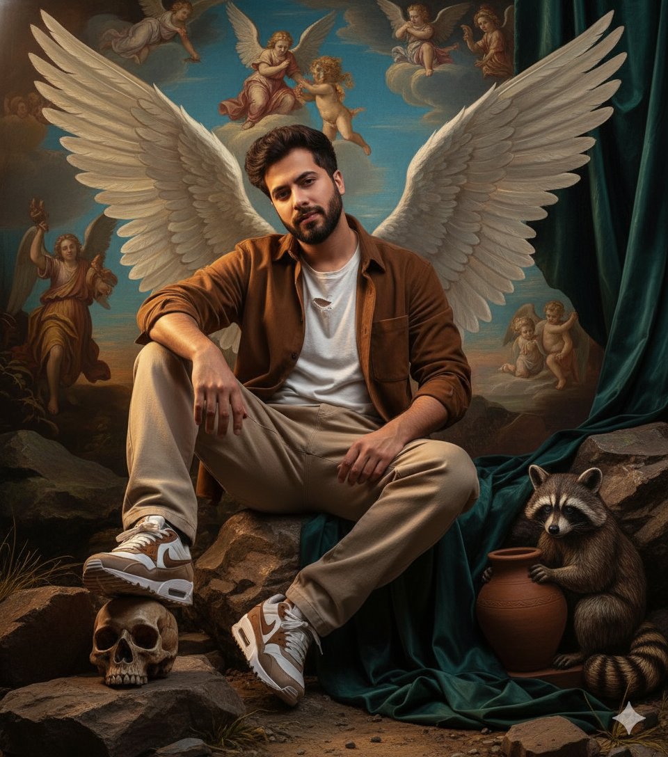 Photorealistic Portrait: Modern Man, Angel Wings, Renaissance Nano Banana提示词