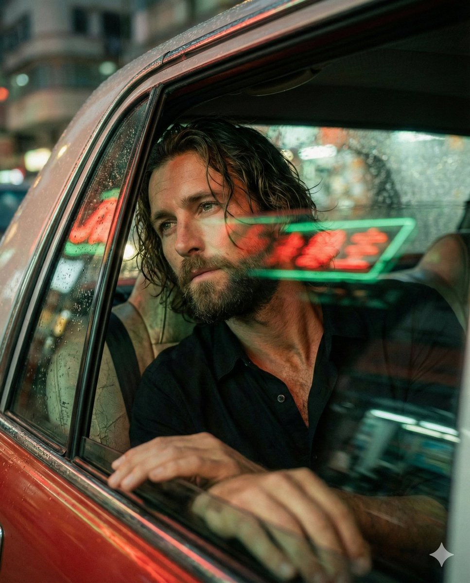 Cinematic Portrait of Man in Car at Night with Neon Lights Nano Banana提示词