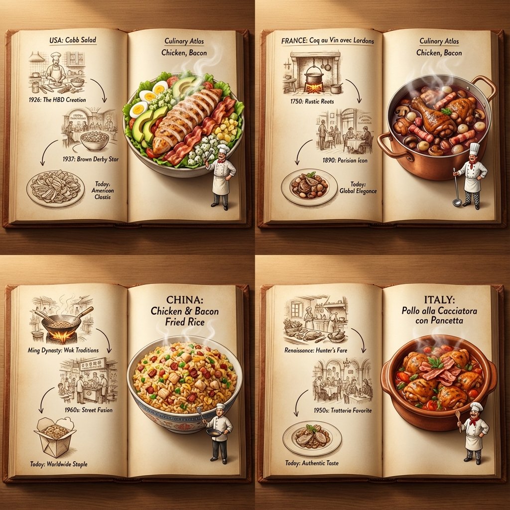 Culinary Atlas: Chicken & Bacon Dishes, Global Food History Nano Banana提示词