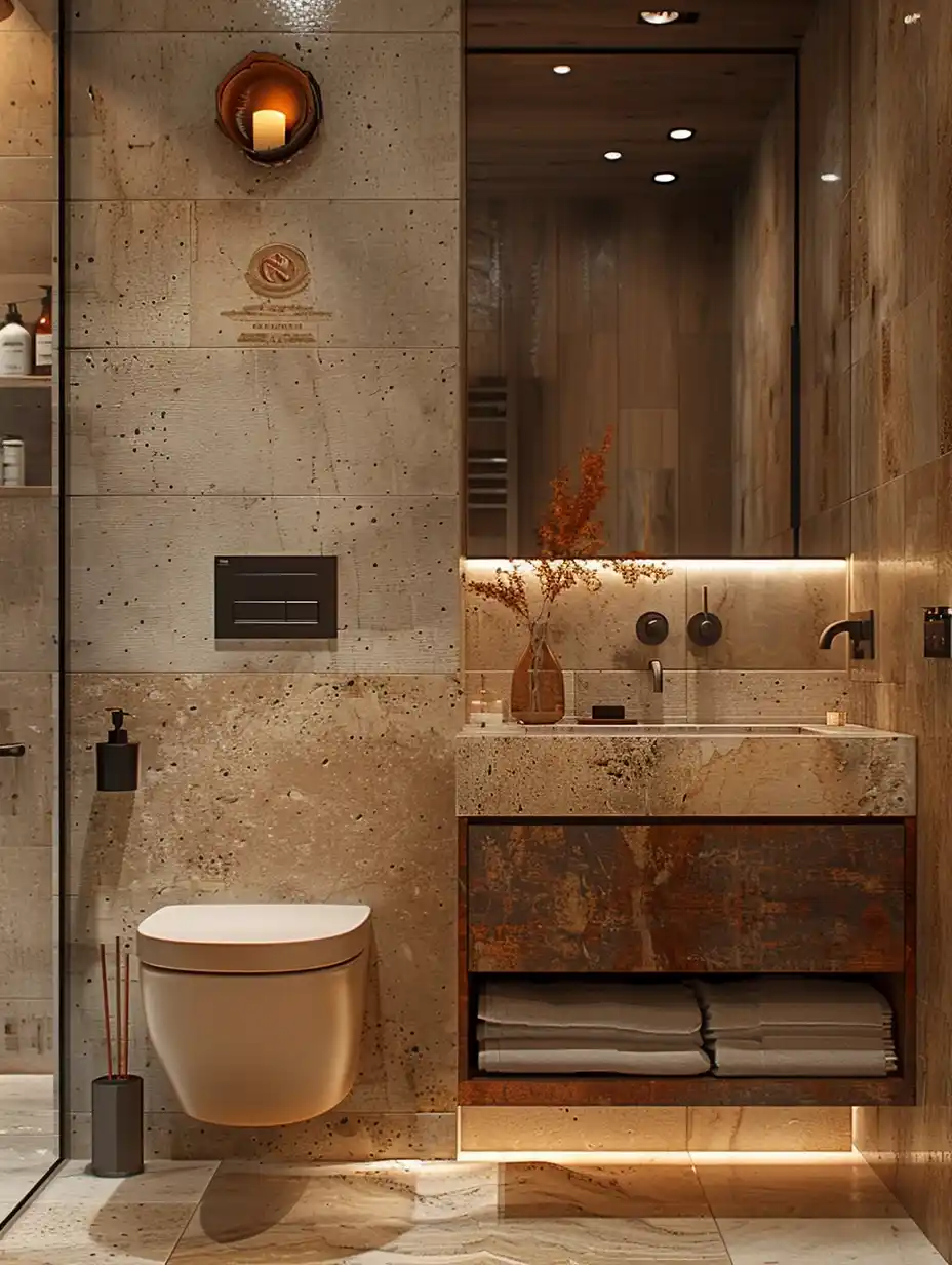 Minimalist Italian Stone Bathroom Midjourney提示词