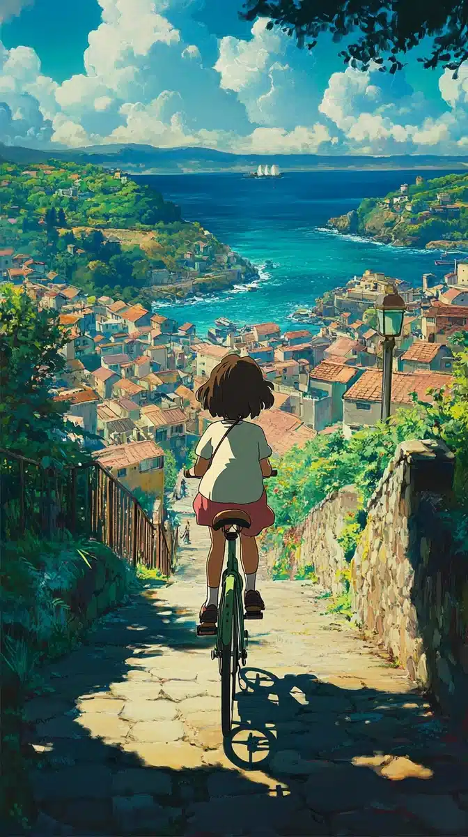 Ghibli Girl Biking Coastline Midjourney提示词