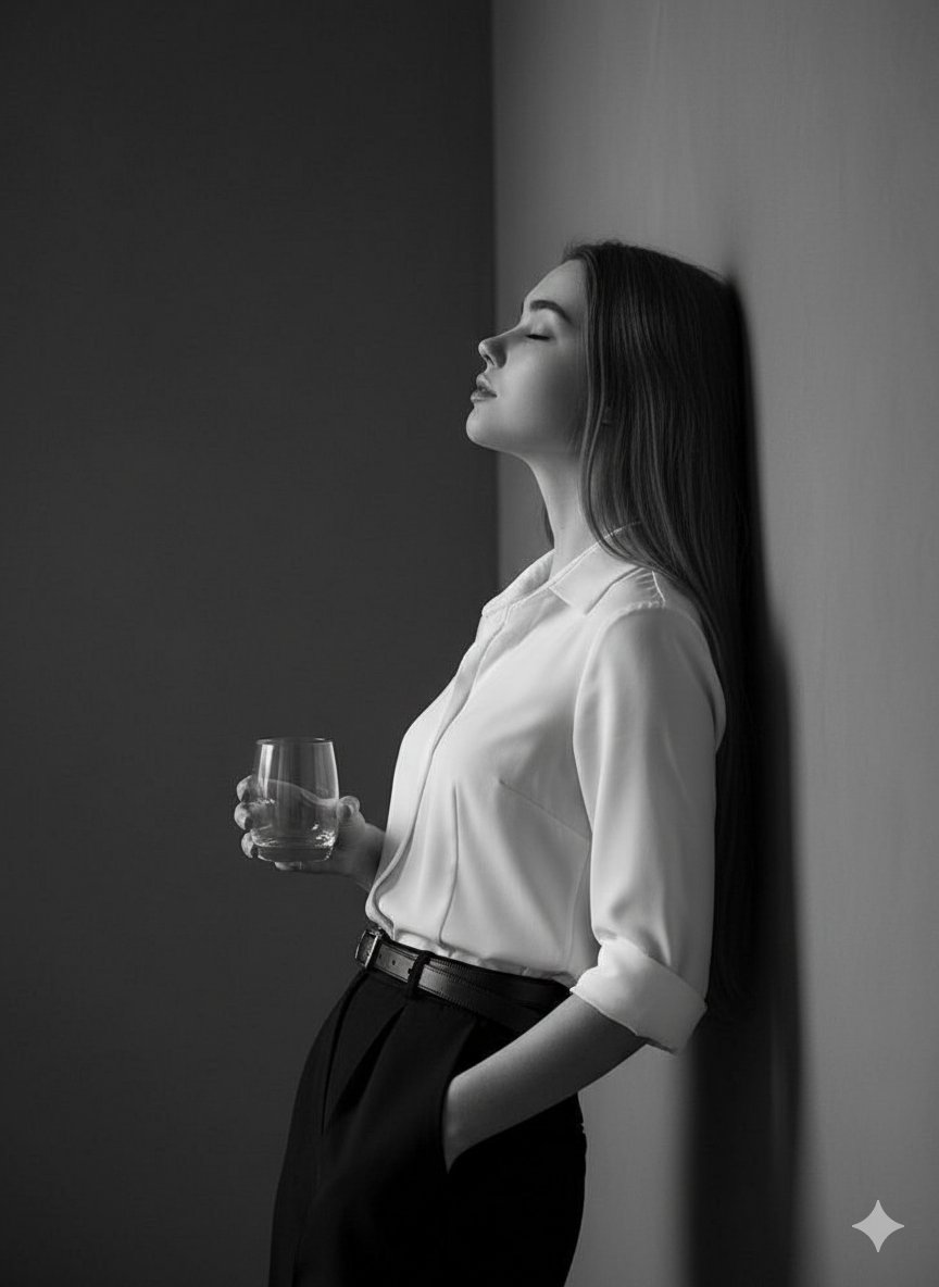 Black and White Portrait of Contemplative Woman Nano Banana提示词