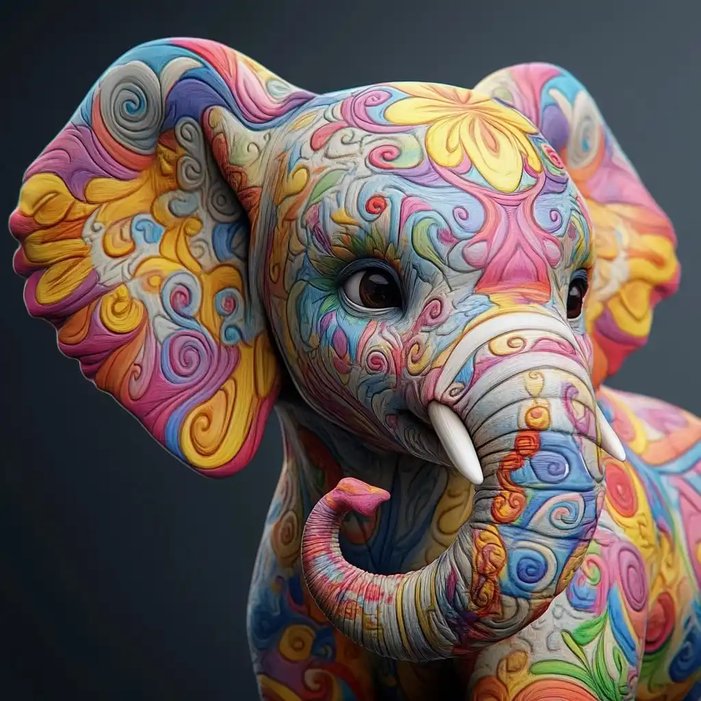 Colorful Baby Elephant Sculpture Midjourney提示词