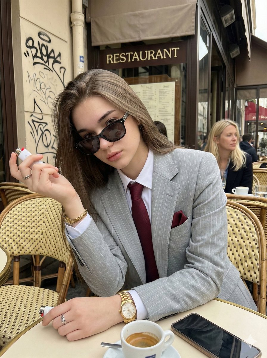 Stylish Woman in Suit and Tie at Urban Cafe Photo Nano Banana提示词