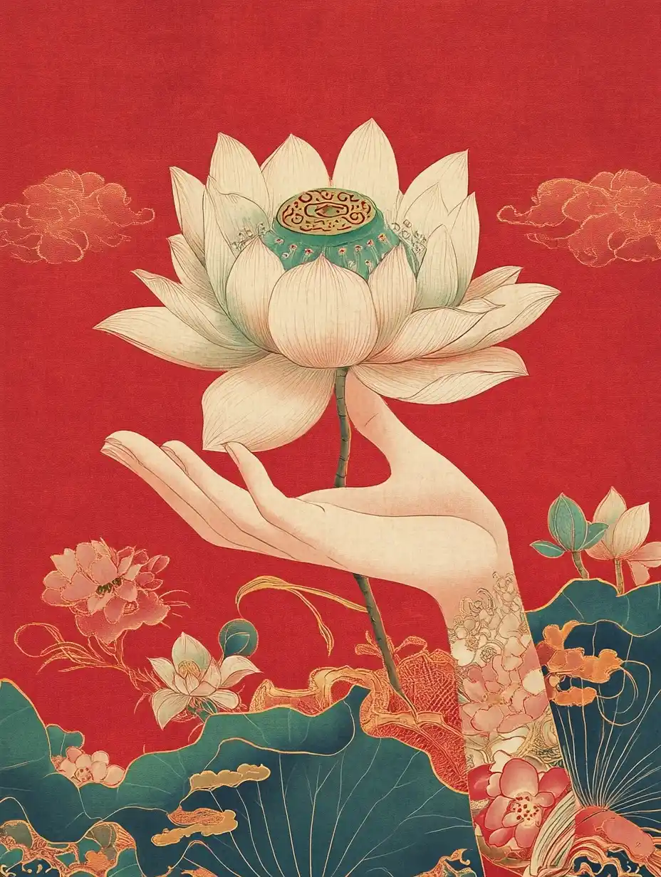 Chinese Hand Holding Lotus Midjourney提示词