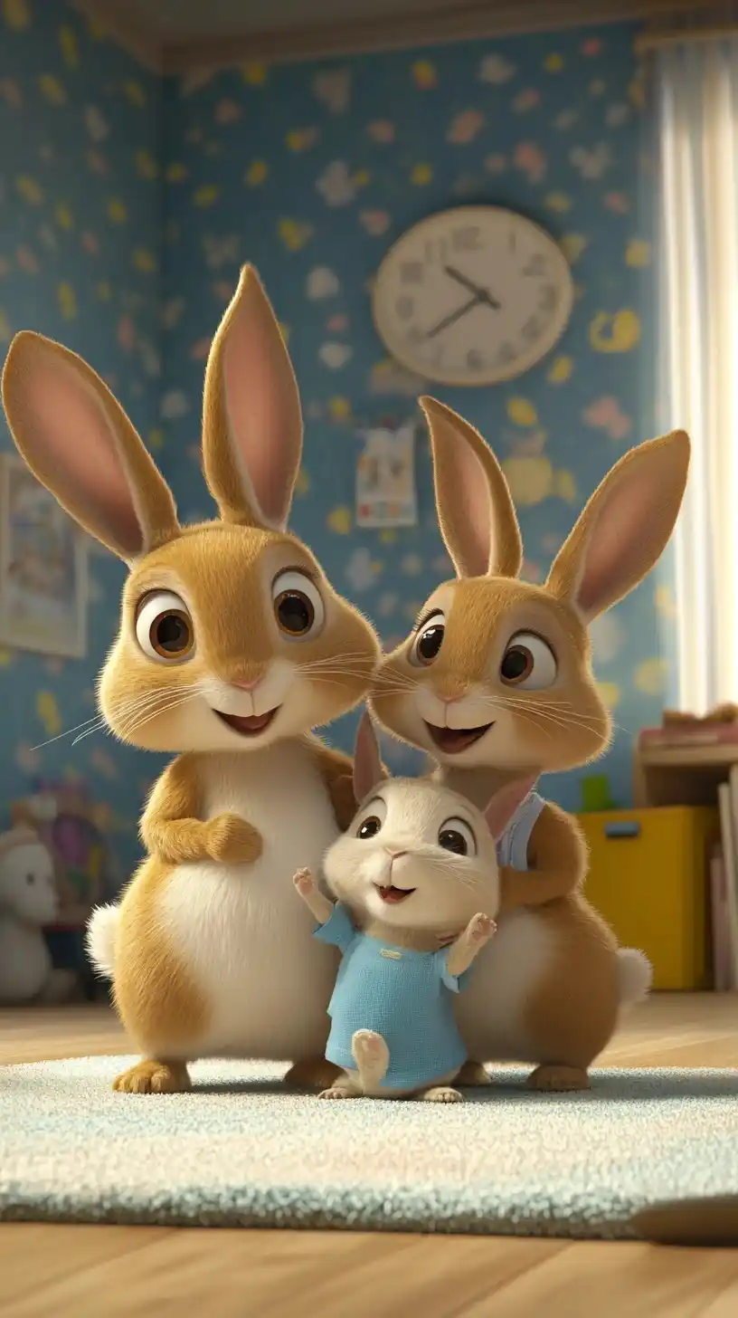 3D Disney Rabbit Family Play Midjourney提示词