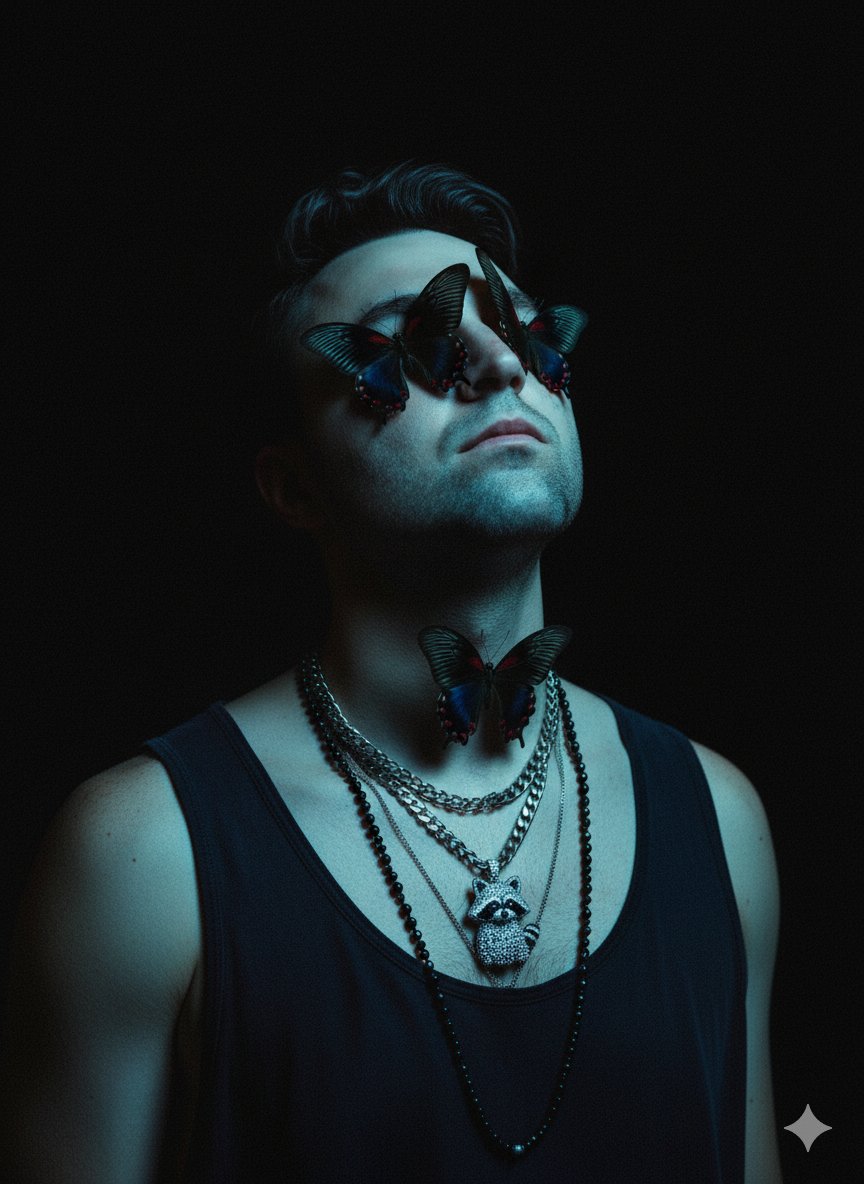 Mysterious Man Portrait with Butterflies & Raccoon Pendant Nano Banana提示词
