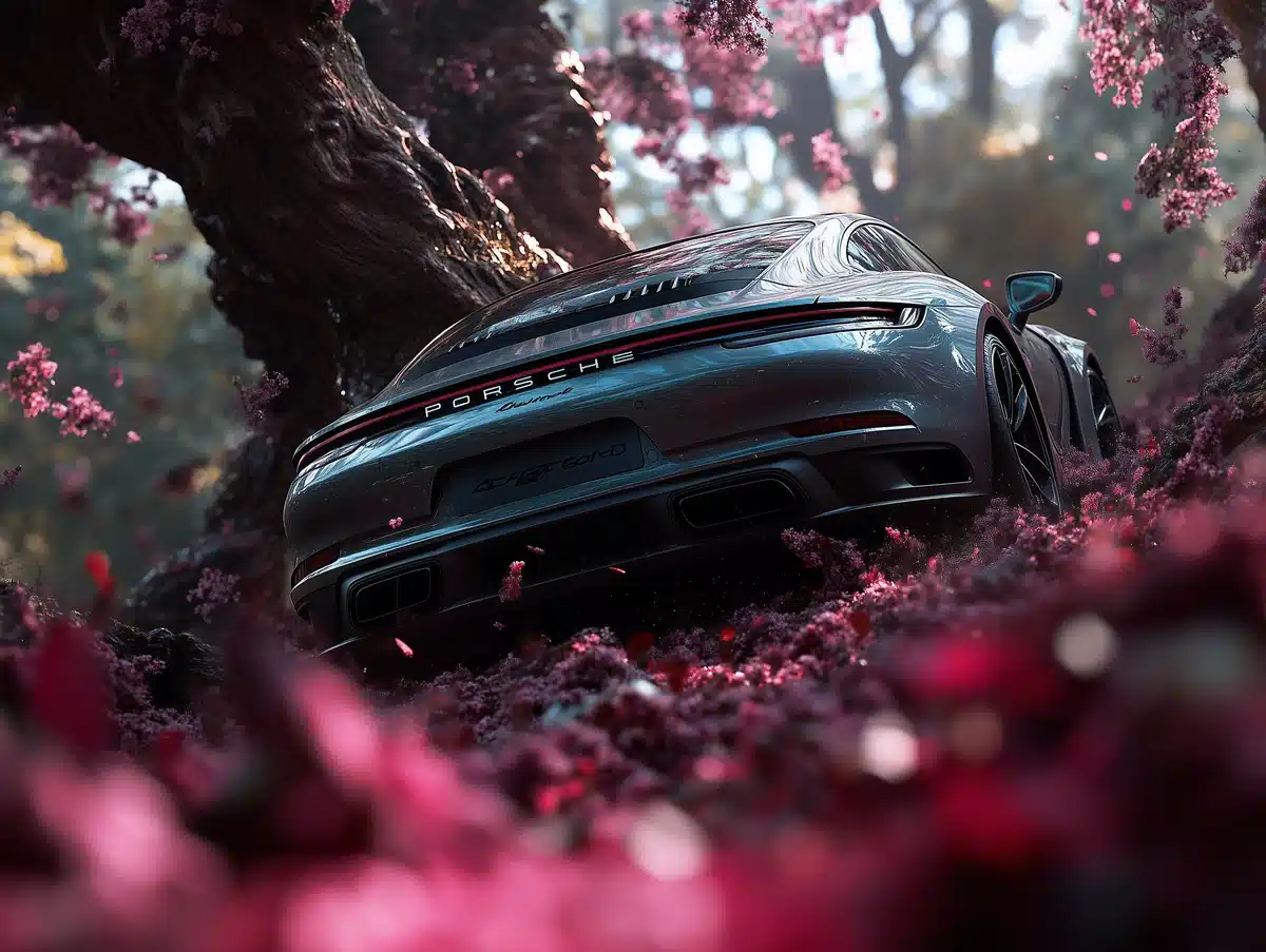 Porsche in Colorful Tree Midjourney提示词