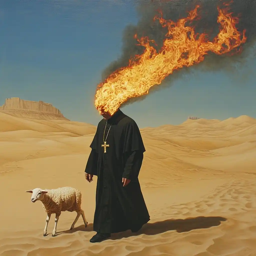 Fiery Priest in Desert Midjourney提示词