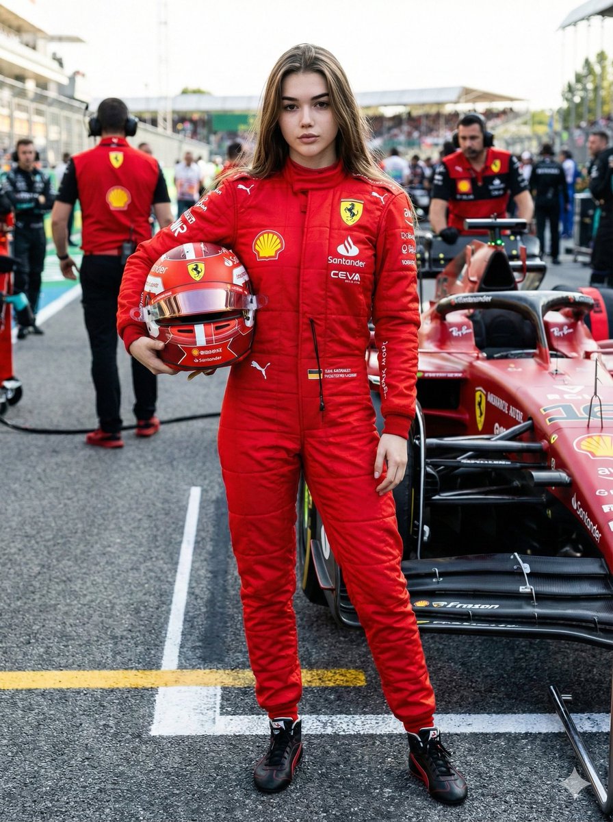 Woman in Ferrari F1 Racing Suit with Helmet on Race Track Nano Banana提示词