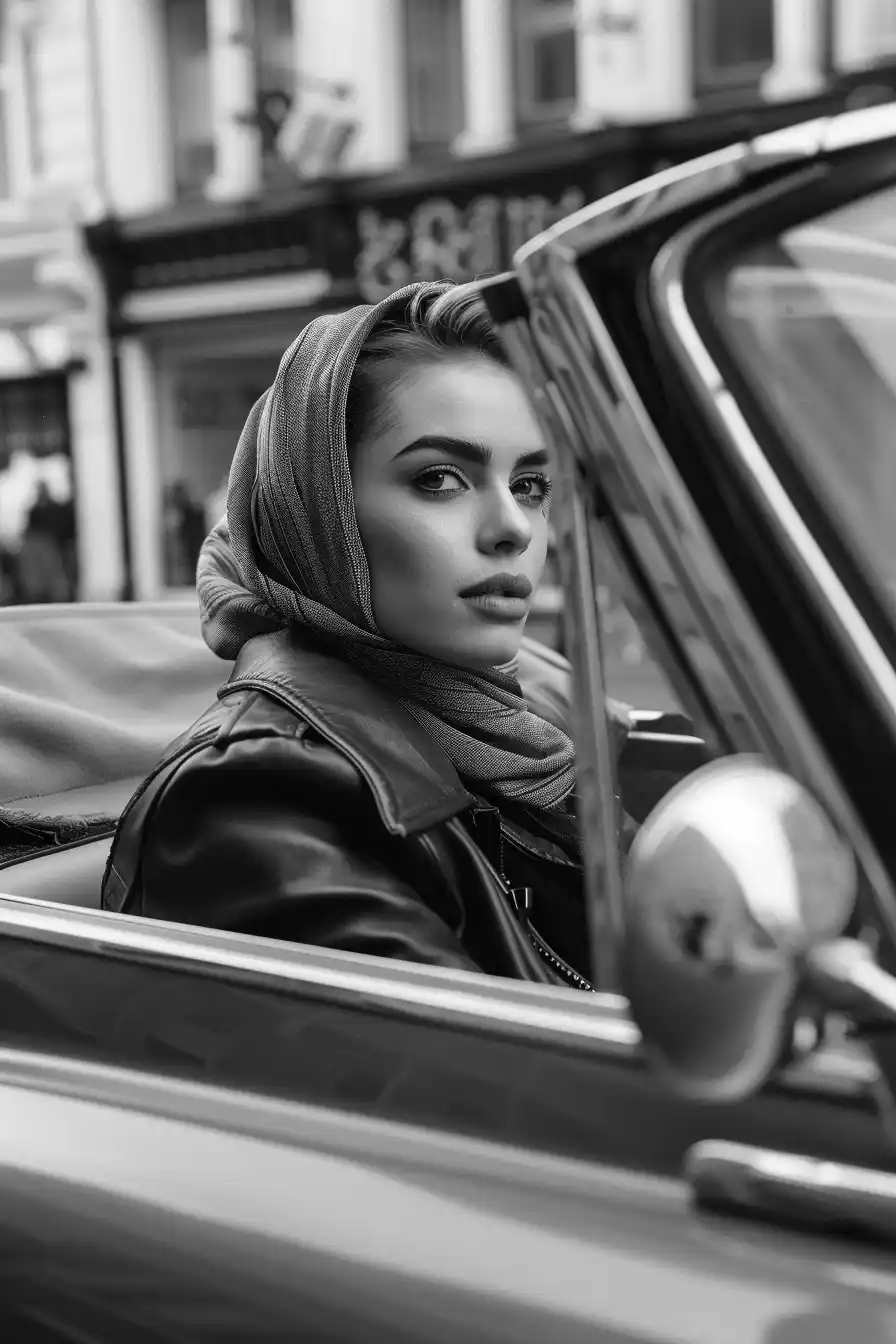 Realistic 60s Woman in Car Midjourney提示词