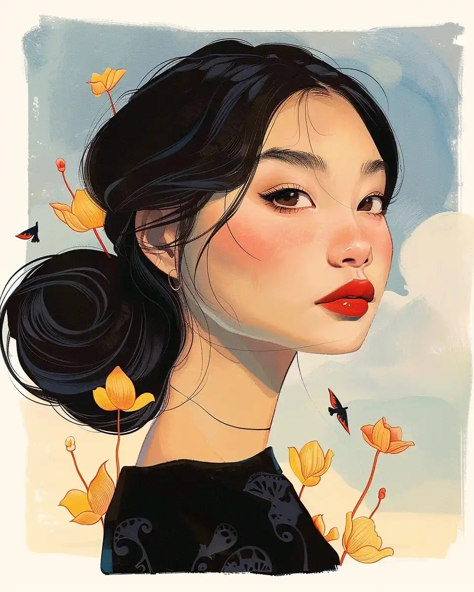 Gouache Modern Asian Portrait Midjourney提示词
