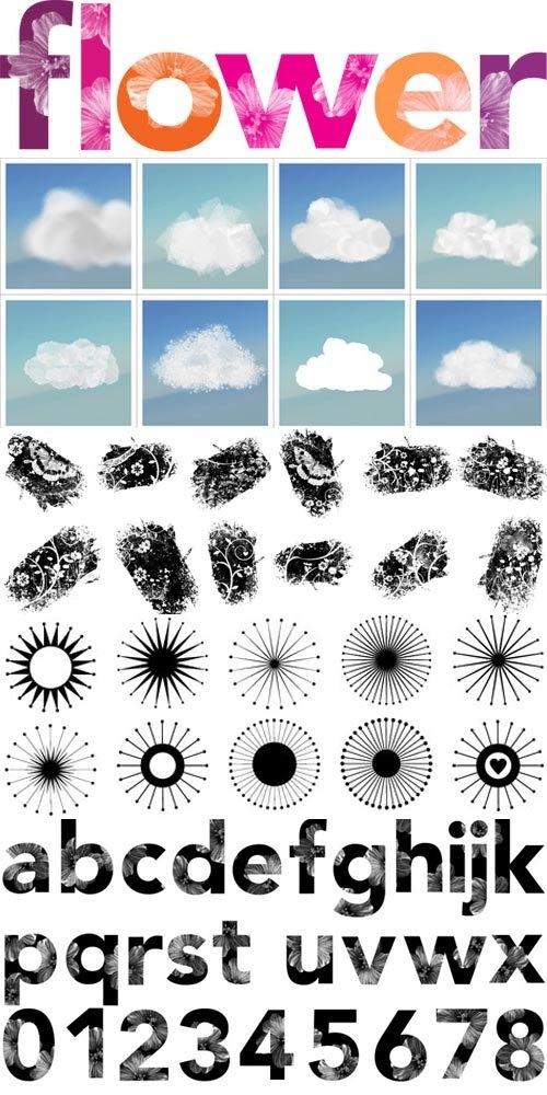 高清晰星光、高光、花朵、爱心、白云、边框、花边花纹、数字、字母PS笔刷集