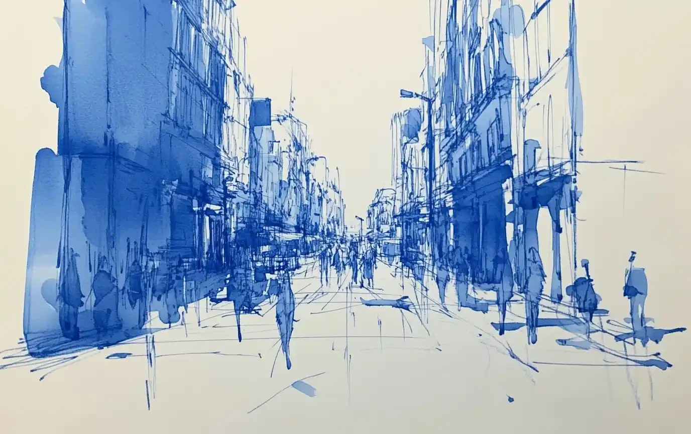 Horizon Sketch in Blue Ink Midjourney提示词