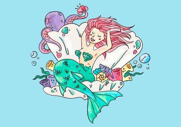 在牡蛎和花里面的逗人喜爱的美人鱼用章鱼