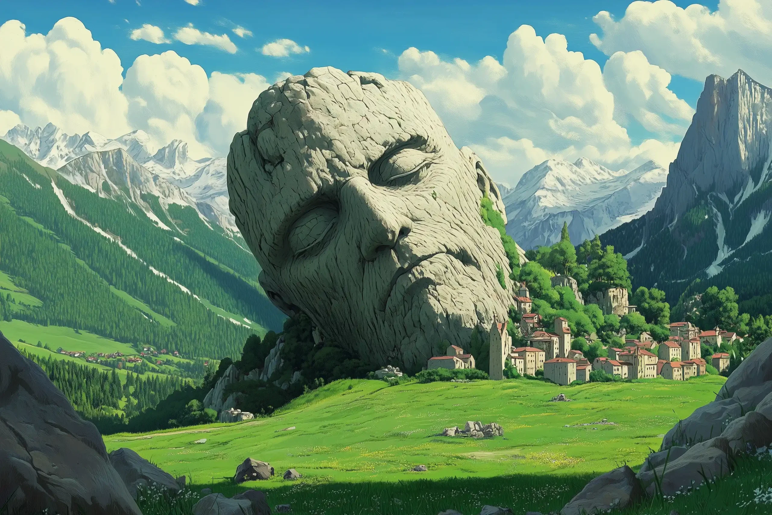 Giant Stone Figure in Alps Midjourney提示词