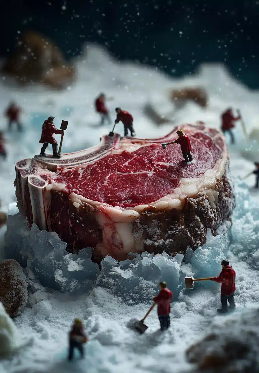 Surreal Steak in Icy Landscape Midjourney提示词