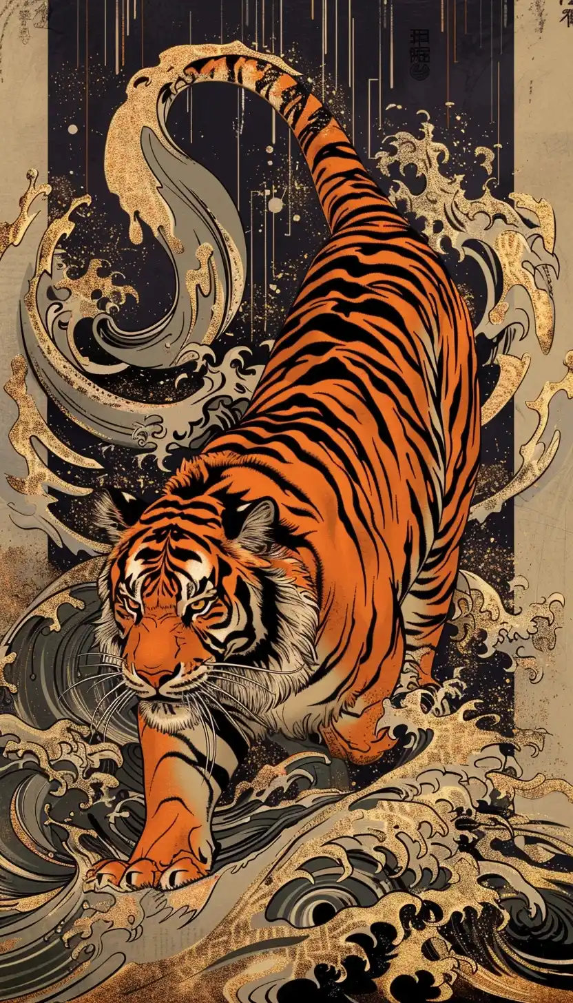 Regal Tiger in Ukiyo-e Midjourney提示词
