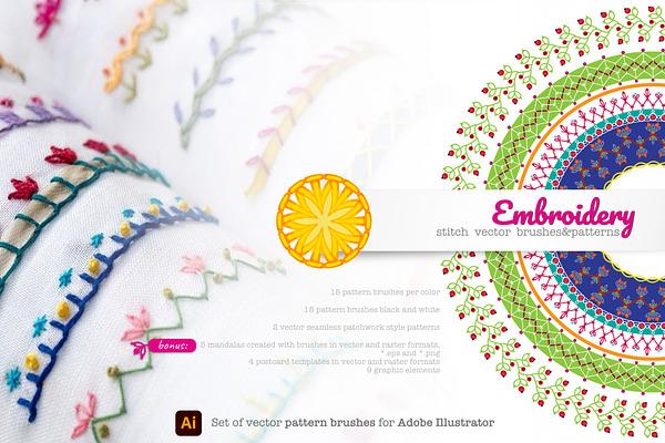 Embroidery. Vector Brushes & Pattern