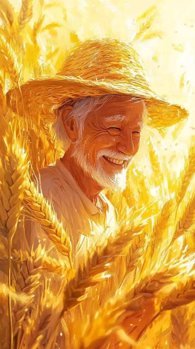 Elderly Farmer in Ghibli Fields Midjourney提示词