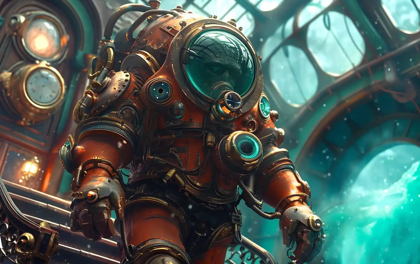Deep-Sea Diver in Luxury Hold Midjourney提示词