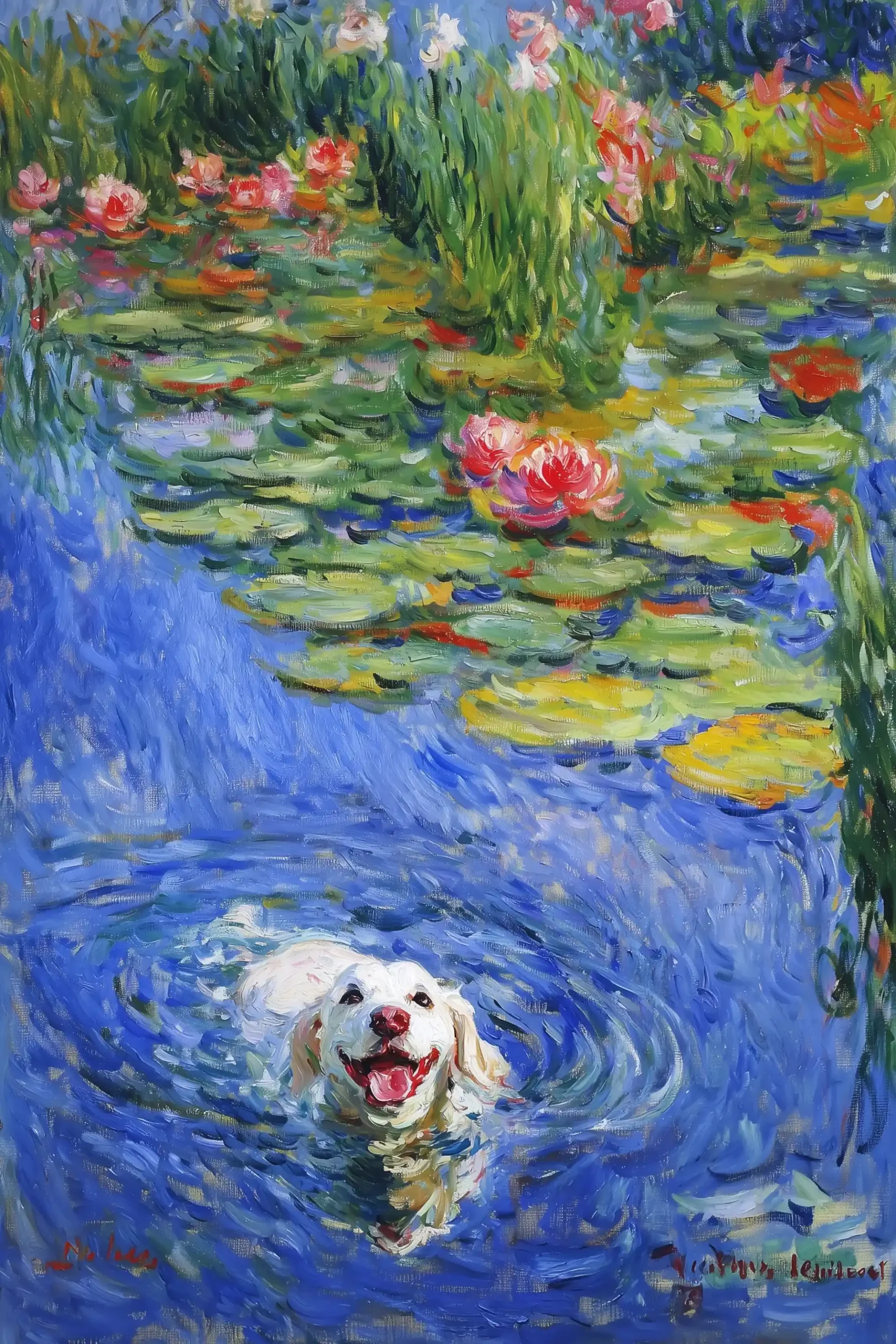 Monets Water Lilies with Dog Midjourney提示词