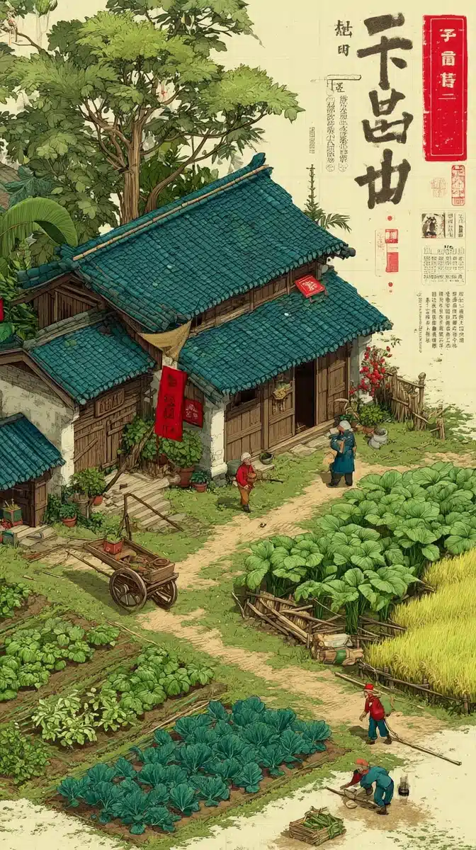 Cartoon Chinese Farming Scene Midjourney提示词